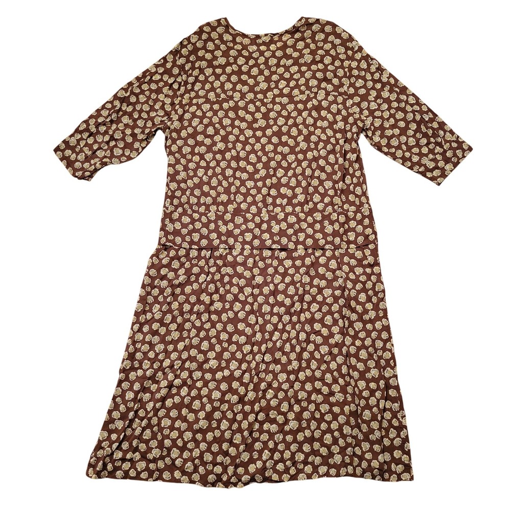 Flax Floral Brown A Line Dress M Boho Lagenlook Autumn School Girl Prairie Boxy - Picture 3 of 6